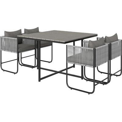 Outsunny 4 Seater Rattan Cube Garden Furniture Set, Rattan Dining Set with Cushions, Outdoor Dining Table and Chairs with Rectangular Wood Grain Plastic Top Table for Patio, Balcony, Grey Outsunny 4 Seater Rattan Cube Garden Furniture Set, Rattan Dining Set with Cushions, Outdoor Dining Table and Chairs with Rectangular Wood Grain Plastic Top Table for Patio, Balcony, Grey