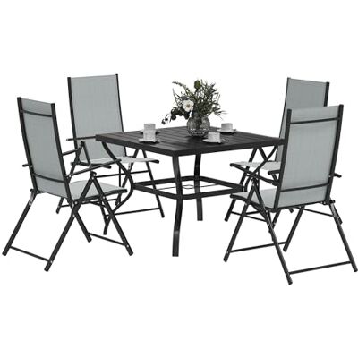 Outsunny 5 Pieces Garden Dining Set, 4 Seater Garden Furniture Set with Parasol Hole, Outdoor Dining Table with High Back Folding Chairs and Square Metal Tabletop for Patio, Grey Outsunny 5 Pieces Garden Dining Set, 4 Seater Garden Furniture Set with Parasol Hole, Outdoor Dining Table with High Back Folding Chairs and Square Metal Tabletop for Patio, Grey