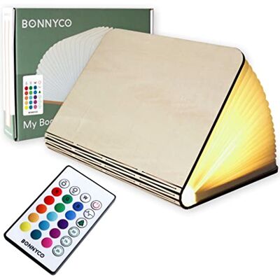 BONNYCO Wooden LED Book Light 16 Colours with Remote Control and Timer Folding Table Book Lamp. Mood Night Light for Home, Office and Room Decor. Christmas and Birthday Gifts for Women and Men BONNYCO Wooden LED Book Light 16 Colours with Remote Control and Timer Folding Table Book Lamp. Mood Night Light for Home, Office and Room Decor. Christmas and Birthday Gifts for Women and Men