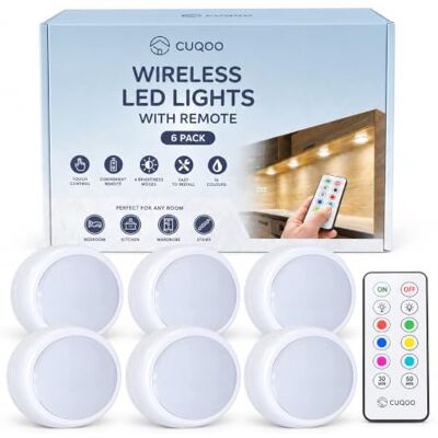 CUQOO Under Cabinet Kitchen Lights -6 Pack Colour Changing Stick-On Lights BATTERY-POWERED CABINET LIGHTING: wireless · wardrobe · bedroom · touch sensor · remote · 4 brightness · auto timer CUQOO Under Cabinet Kitchen Lights -6 Pack Colour Changing Stick-On Lights BATTERY-POWERED CABINET LIGHTING: wireless · wardrobe · bedroom · touch sensor · remote · 4 brightness · auto timer