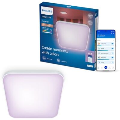 Philips Smart Lighting Ceiling Light, Square, 37.5cm Full Color and Tunable White 2200-6500 K, Smart LED, 24W, 2600lm, Low Dimming, Connected by WiZ, Smart Home Philips Smart Lighting Ceiling Light, Square, 37.5cm Full Color and Tunable White 2200-6500 K, Smart LED, 24W, 2600lm, Low Dimming, Connected by WiZ, Smart Home