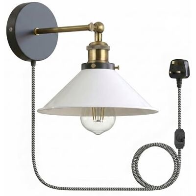 LEDSone Industrial Wall Sconce, White, 22cm Metal Cone Shade Adjustable Arm Light, Dimmer Switch, Plug In, E27 Base, For Restaurant Office Indoor Home LEDSone Industrial Wall Sconce, White, 22cm Metal Cone Shade Adjustable Arm Light, Dimmer Switch, Plug In, E27 Base, For Restaurant Office Indoor Home