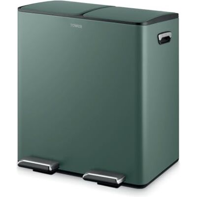 Tower Recycling Pedal Bin, Two 20L Compartments with Removable Inner Buckets, Carbon Steel Body, 40L, Forest Green Tower Recycling Pedal Bin, Two 20L Compartments with Removable Inner Buckets, Carbon Steel Body, 40L, Forest Green