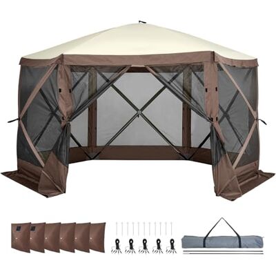 VEVOR Pop Up Gazebo Tent, Pop-Up Screen Tent 6 Sided Canopy Sun Shelter with 6 Removable Privacy Wind Cloths & Mesh Windows, 12.5x12.5FT Quick Set Screen Tent with Mosquito Netting, Brown VEVOR Pop Up Gazebo Tent, Pop-Up Screen Tent 6 Sided Canopy Sun Shelter with 6 Removable Privacy Wind Cloths & Mesh Windows, 12.5x12.5FT Quick Set Screen Tent with Mosquito Netting, Brown
