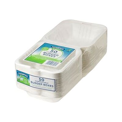 Caterpack Enviro Range Burger Boxes 6 x 6 50 Pack. Disposable, biodegradable burger boxes. Suitable for microwaving and freezing, water repellent and greaseproof Caterpack Enviro Range Burger Boxes 6 x 6 50 Pack. Disposable, biodegradable burger boxes. Suitable for microwaving and freezing, water repellent and greaseproof