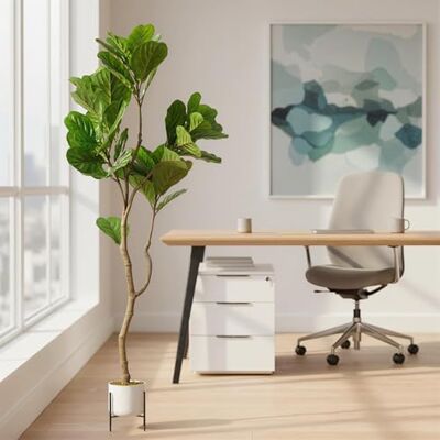 GarveeLife Artificial fiddle fig tree, 100/115/150/155 cm, artificial ficus lyrata with decorative pot, easy care, lifelike artificial plant garden, evergreen decoration for home, office GarveeLife Artificial fiddle fig tree, 100/115/150/155 cm, artificial ficus lyrata with decorative pot, easy care, lifelike artificial plant garden, evergreen decoration for home, office