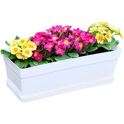 Youngever 3 Pack 38CM Plastic Window Box Planter, Heavy Duty, Flower Box Planter with Attached Tray for Windowsill Garden Balcony, White Youngever 3 Pack 38CM Plastic Window Box Planter, Heavy Duty, Flower Box Planter with Attached Tray for Windowsill Garden Balcony, White