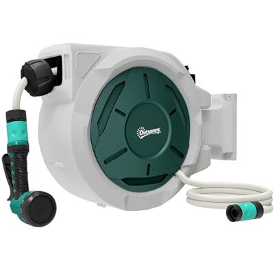 Outsunny Retractable Hose Reel Wall Mounted, 30+2m Garden Hose Pipe Reel with Lock, Auto Rewind, 7 in 1 Spray Nozzle, Includes Wall Fixings, 180° Swivel, Outdoor Watering, 59 x 23 x 42 cm, Grey Outsunny Retractable Hose Reel Wall Mounted, 30+2m Garden Hose Pipe Reel with Lock, Auto Rewind, 7 in 1 Spray Nozzle, Includes Wall Fixings, 180° Swivel, Outdoor Watering, 59 x 23 x 42 cm, Grey