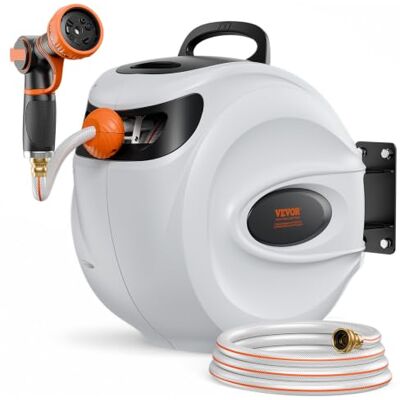 VEVOR Retractable Garden Hose Reel, 1/2" x 131.23 ft Wall Mounted Hose Reel, Heavy Duty Garden with 9 Patterns Nozzle, Any Length Lock, Auto-Rewind Slow Return System and 180°Swivel Bracket VEVOR Retractable Garden Hose Reel, 1/2" x 131.23 ft Wall Mounted Hose Reel, Heavy Duty Garden with 9 Patterns Nozzle, Any Length Lock, Auto-Rewind Slow Return System and 180°Swivel Bracket