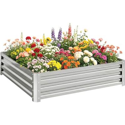 Outsunny 432L Raised Garden Bed, 120 x 120 x 30cm, Silver Tone Square Galvanised Outdoor Planter Box, Open Bottom, Metal Raised Garden Bed Kit, for Vegetables, Flowers and Herbs Outsunny 432L Raised Garden Bed, 120 x 120 x 30cm, Silver Tone Square Galvanised Outdoor Planter Box, Open Bottom, Metal Raised Garden Bed Kit, for Vegetables, Flowers and Herbs