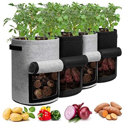 Homyhoo Potato Grow Bags with Flap 10 Gallon, 4 Pack Planter Pot with Handles and Harvest Window for Potato Tomato and Vegetables, Black and Gray Homyhoo Potato Grow Bags with Flap 10 Gallon, 4 Pack Planter Pot with Handles and Harvest Window for Potato Tomato and Vegetables, Black and Gray