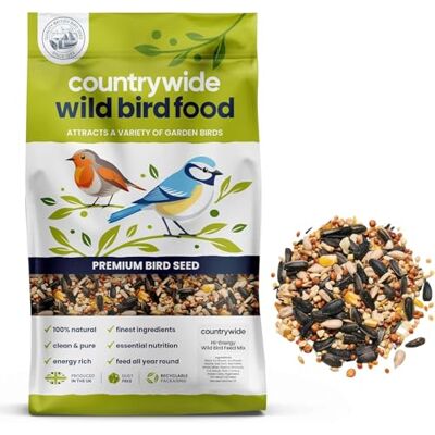 Countrywide Premium High Energy Wild Bird Seed 20kg All Year Round Food Mix For Small Garden Birds 100% Natural Includes Sunflower Seeds, Peanuts, Nyger Seed Dust Free Countrywide Premium High Energy Wild Bird Seed 20kg All Year Round Food Mix For Small Garden Birds 100% Natural Includes Sunflower Seeds, Peanuts, Nyger Seed Dust Free