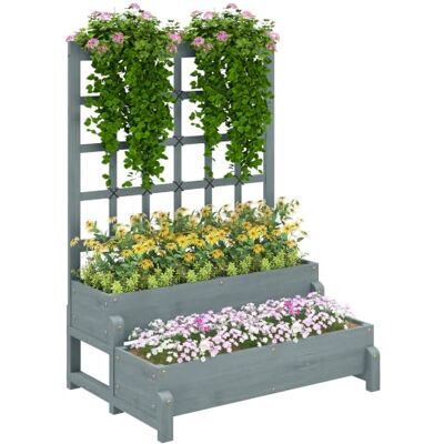 Outsunny 2-Tier Raised Garden Bed with Trellis, Outdoor Planter, Grey Wooden Elevated Planter Box, Drainage Holes, for Climbing Plants, Fruits, Vegetables, Flowers Outsunny 2-Tier Raised Garden Bed with Trellis, Outdoor Planter, Grey Wooden Elevated Planter Box, Drainage Holes, for Climbing Plants, Fruits, Vegetables, Flowers