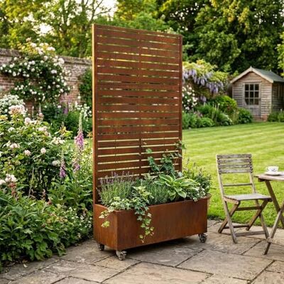 Nicoman Metal Privacy Screen Planter Box with Trellis on Wheels, Rust Built-in Planter, Mobile Caster Wheels, Slatted Trellis Panel, Patio & Garden Use, 90x180 cm Nicoman Metal Privacy Screen Planter Box with Trellis on Wheels, Rust Built-in Planter, Mobile Caster Wheels, Slatted Trellis Panel, Patio & Garden Use, 90x180 cm