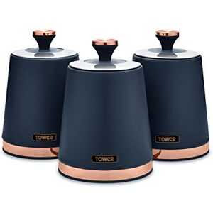 Tower T826131MNB Cavaletto Set of 3 Storage Canisters for Tea/Coffee/Sugar, Steel, Midnight Blue and Rose Gold Tower T826131MNB Cavaletto Set of 3 Storage Canisters for Tea/Coffee/Sugar, Steel, Midnight Blue and Rose Gold