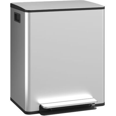 HOMCOM Dual Kitchen Bin 2 x 25L Stainless Steel Double Pedal Bin Silver Soft-Close Lid, Removable Inner Buckets, Handles, for Recycling and Waste HOMCOM Dual Kitchen Bin 2 x 25L Stainless Steel Double Pedal Bin Silver Soft-Close Lid, Removable Inner Buckets, Handles, for Recycling and Waste