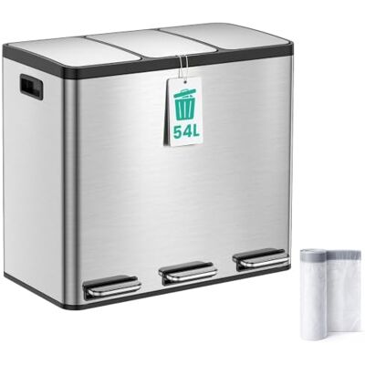 YEAUPE PRO Kitchen Bin, 3 x 18 L Recycling Bin, Rubbish Bin for Recycling and Waste 3 Compartment Soft-Close Lids, Pedals, Inner Buckets, Stainless Steel Pedal Bin Trash Can with 15 Liners, Space Silver YEAUPE PRO Kitchen Bin, 3 x 18 L Recycling Bin, Rubbish Bin for Recycling and Waste 3 Compartment Soft-Close Lids, Pedals, Inner Buckets, Stainless Steel Pedal Bin Trash Can with 15 Liners, Space Silver