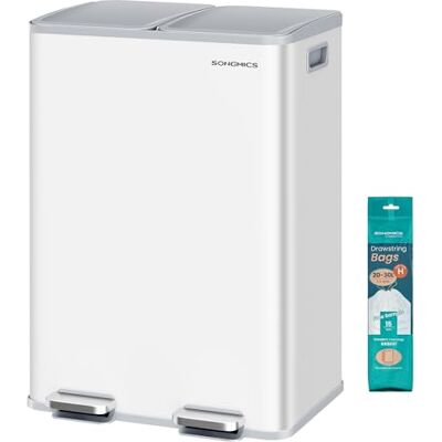 SONGMICS Kitchen Bin, 2 x 8 Gallon (2 x 30 L) Dual-Compartment Pedal Rubbish Bin with Soft-Close Lid and Inner Buckets, Steel, Includes 15 Liner Bags, Matte White LTB741W02 SONGMICS Kitchen Bin, 2 x 8 Gallon (2 x 30 L) Dual-Compartment Pedal Rubbish Bin with Soft-Close Lid and Inner Buckets, Steel, Includes 15 Liner Bags, Matte White LTB741W02