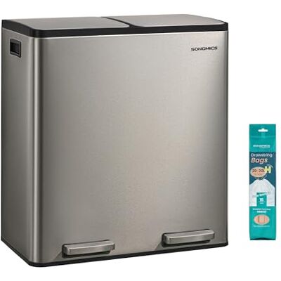 SONGMICS 2 x 30 L Kitchen Bin, 2-Compartment, Stainless Steel Recycling Bin, 15 Rubbish Bags, Removable Inner Buckets, Lid, Handles, Soft Close, Silver, PARY Collection LTB160EZ01 SONGMICS 2 x 30 L Kitchen Bin, 2-Compartment, Stainless Steel Recycling Bin, 15 Rubbish Bags, Removable Inner Buckets, Lid, Handles, Soft Close, Silver, PARY Collection LTB160EZ01