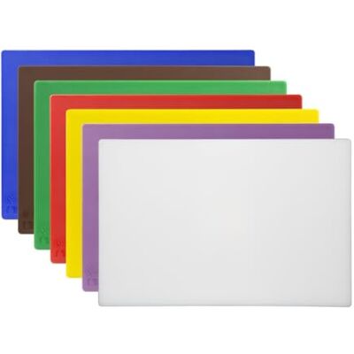Hygiplas Low Density Anti-Bacterial Chopping Board Set, 450x300x10mm Color-coded kitchen essential includes six boards and a rack to prevent cross-contamination in busy food prep areas. Hygiplas Low Density Anti-Bacterial Chopping Board Set, 450x300x10mm Color-coded kitchen essential includes six boards and a rack to prevent cross-contamination in busy food prep areas.