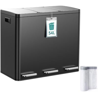 YEAUPE PRO Kitchen Bin, 3 x 18 L Recycling Bin, Rubbish Bin for Recycling and Waste 3 Compartment Soft-Close Lids, Pedals, Inner Buckets, Stainless Steel Pedal Bin Trash Can with 15 Liners, Space Black YEAUPE PRO Kitchen Bin, 3 x 18 L Recycling Bin, Rubbish Bin for Recycling and Waste 3 Compartment Soft-Close Lids, Pedals, Inner Buckets, Stainless Steel Pedal Bin Trash Can with 15 Liners, Space Black