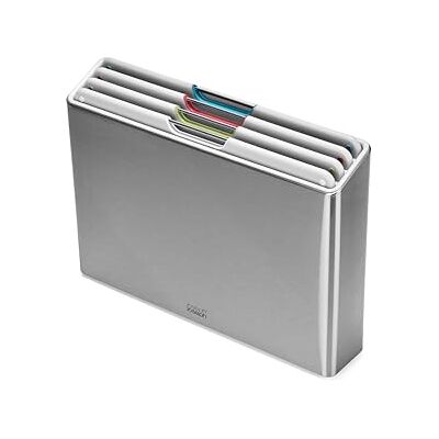 Joseph Joseph Folio 4-Piece Colour Coded Chopping Board Set, Stainless Steel Slimline Case for Organised Kitchen Storage, Light Stone Joseph Joseph Folio 4-Piece Colour Coded Chopping Board Set, Stainless Steel Slimline Case for Organised Kitchen Storage, Light Stone
