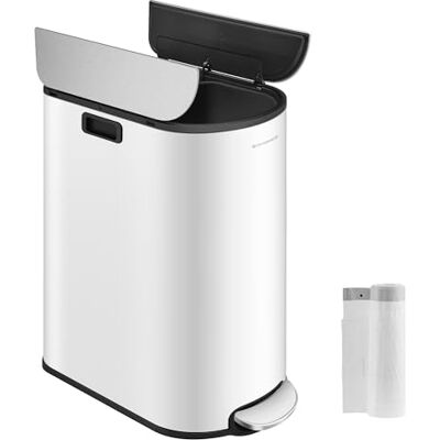 SONGMICS Double Kitchen Bin, 30L and 20L Dual Compartment Slim Bin for Recycling and Waste, Pedal Bin with Wing Lids, Cloud White and Metallic Silver LTB570W02 SONGMICS Double Kitchen Bin, 30L and 20L Dual Compartment Slim Bin for Recycling and Waste, Pedal Bin with Wing Lids, Cloud White and Metallic Silver LTB570W02