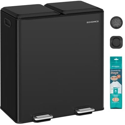 SONGMICS Kitchen Bin, 2 x 8 Gallon (2 x 30 L) Double Rubbish Bin for Waste and Recycling, with Soft-Close Lids, Removable Inner Buckets, Pedals, Steel, Ink Black LTB743B02 SONGMICS Kitchen Bin, 2 x 8 Gallon (2 x 30 L) Double Rubbish Bin for Waste and Recycling, with Soft-Close Lids, Removable Inner Buckets, Pedals, Steel, Ink Black LTB743B02