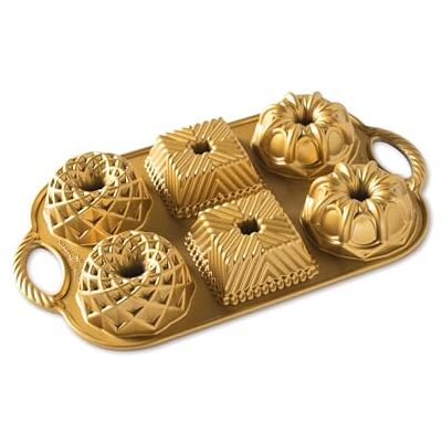 Nordic Ware Geo Bundtlette Pan, Cast Aluminium Mini Bundt Tin, Bundt Cake Tin for 6 Cakes, Cake Mould Colour: Gold Nordic Ware Geo Bundtlette Pan, Cast Aluminium Mini Bundt Tin, Bundt Cake Tin for 6 Cakes, Cake Mould Colour: Gold