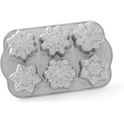 Nordic Ware Frozen Snowflakes Cakelet Pan, Christmas Cast Aluminium Bundt Tin, Bundt Cake Tin with Snow Pattern, Cake Mould Made in The USA, Colour: Silver Nordic Ware Frozen Snowflakes Cakelet Pan, Christmas Cast Aluminium Bundt Tin, Bundt Cake Tin with Snow Pattern, Cake Mould Made in The USA, Colour: Silver