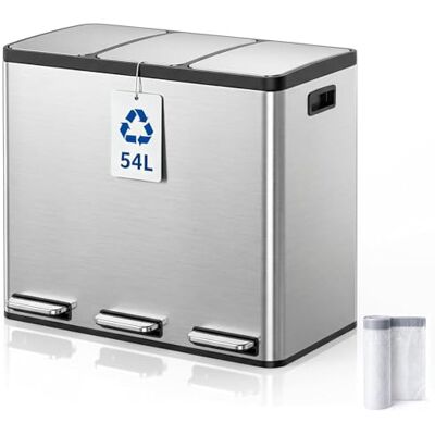 YEAUPE PRO Kitchen Bin, 3 x 18 L Recycling Bin, 3 Compartment Rubbish Bin for Recycling and Waste, Soft-Close Lids, Pedals, Inner Buckets, Steel, Stainless Steel Pedal Bin Trash Can with 15 Liners, Metal Silver YEAUPE PRO Kitchen Bin, 3 x 18 L Recycling Bin, 3 Compartment Rubbish Bin for Recycling and Waste, Soft-Close Lids, Pedals, Inner Buckets, Steel, Stainless Steel Pedal Bin Trash Can with 15 Liners, Metal Silver