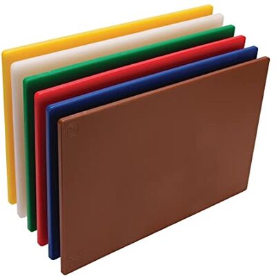 Hygiplas LDPE Low Density Chopping Board Set, 455x305mm, 12X455X305mm Six colour-coded boards reduce cross-contamination risk, protecting surfaces from scratches during commercial kitchen prep. Hygiplas LDPE Low Density Chopping Board Set, 455x305mm, 12X455X305mm Six colour-coded boards reduce cross-contamination risk, protecting surfaces from scratches during commercial kitchen prep.