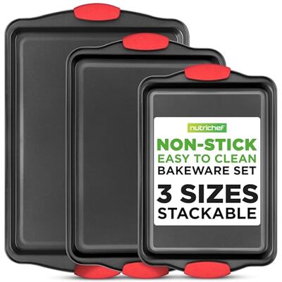 NutriChef Baking Tray Set 3 Piece Non Stick Baking Trays for Oven Carbon Steel Baking Sheets Small Medium Large Oven Trays with Silicone Handles Stackable Bakeware for Cookies Cakes Roasting NutriChef Baking Tray Set 3 Piece Non Stick Baking Trays for Oven Carbon Steel Baking Sheets Small Medium Large Oven Trays with Silicone Handles Stackable Bakeware for Cookies Cakes Roasting