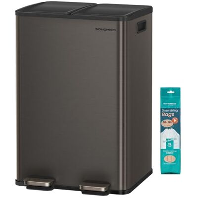 SONGMICS 2 x 30 L Dual-Compartment Pedal Rubbish Bin, Stainless Steel 60L Kitchen Bin, Soft-Close Lid, Inner Buckets, Includes 15 Liner Bags, Grey, PARY Collection LTB741G01 SONGMICS 2 x 30 L Dual-Compartment Pedal Rubbish Bin, Stainless Steel 60L Kitchen Bin, Soft-Close Lid, Inner Buckets, Includes 15 Liner Bags, Grey, PARY Collection LTB741G01