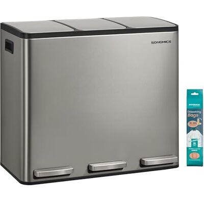 SONGMICS 3 x 18 L Kitchen Bin, 3-Compartment, Stainless Steel Recycling Bin, 15 Rubbish Bags, Removable Inner Buckets, Lid, Handles, Soft Close, Silver, Pary Collection LTB254EZ01 SONGMICS 3 x 18 L Kitchen Bin, 3-Compartment, Stainless Steel Recycling Bin, 15 Rubbish Bags, Removable Inner Buckets, Lid, Handles, Soft Close, Silver, Pary Collection LTB254EZ01