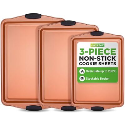NutriChef Non-Stick Baking Tray Set 3-Piece, Stackable Carbon Steel Oven Trays, Cookie Sheet, Copper Bakeware with Black Silicone Handles, Space-Saving Kitchen Pans NutriChef Non-Stick Baking Tray Set 3-Piece, Stackable Carbon Steel Oven Trays, Cookie Sheet, Copper Bakeware with Black Silicone Handles, Space-Saving Kitchen Pans