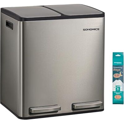 SONGMICS 2 x 15 L Kitchen Bin, 2-Compartment, Stainless Steel Recycling Bin, 15 Rubbish Bags, Removable Inner Buckets, Lid, Handles, Soft Close, Silver, PARY Collection LTB130EZ01 SONGMICS 2 x 15 L Kitchen Bin, 2-Compartment, Stainless Steel Recycling Bin, 15 Rubbish Bags, Removable Inner Buckets, Lid, Handles, Soft Close, Silver, PARY Collection LTB130EZ01