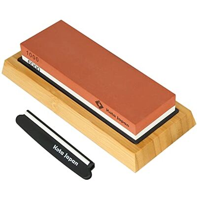 Kota Japan 1000-grit Coarse Side and 6000-grit Polishing Side Knife Sharpening Whetstone with Bamboo Base and Blade Guide Kota Japan 1000-grit Coarse Side and 6000-grit Polishing Side Knife Sharpening Whetstone with Bamboo Base and Blade Guide