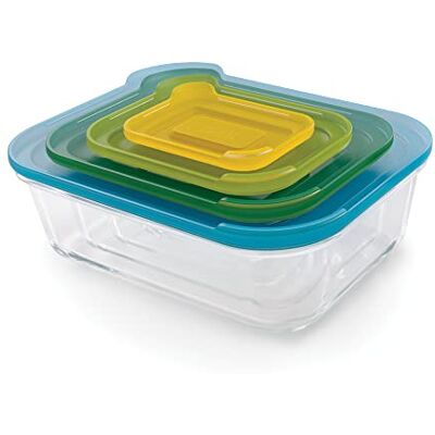 Joseph Joseph Nest Glass Set of 4 Food Storage Containers with lids, Stackable, Space Saving Design, Oven, Freezer, Microwave and Dishwasher safe Joseph Joseph Nest Glass Set of 4 Food Storage Containers with lids, Stackable, Space Saving Design, Oven, Freezer, Microwave and Dishwasher safe