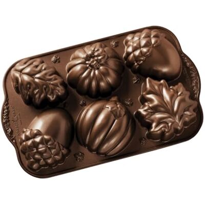 Nordic Ware Autumn Treats Pan, 3D Cast Aluminium Bundt Tin, Bundt Cake Tin with Autumn Pattern, High- Quality Cake Mould Made in the USA, Colour: Bronze Nordic Ware Autumn Treats Pan, 3D Cast Aluminium Bundt Tin, Bundt Cake Tin with Autumn Pattern, High- Quality Cake Mould Made in the USA, Colour: Bronze