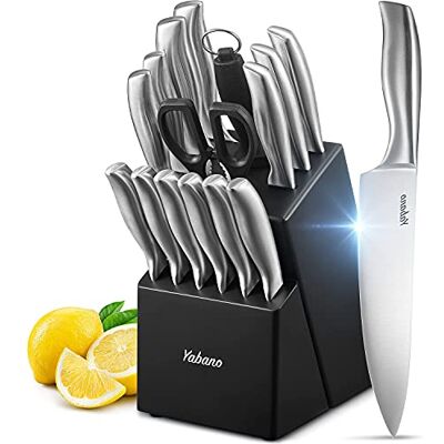 Yabano Knife Set, 16 Piece Kitchen Knifes Set with Block Wooden, German High-Carbon Stainless Steel Chef Knife, Steak Knives, Meat Scissors, Knife Sharpener by Yabano Knife Set, 16 Piece Kitchen Knifes Set with Block Wooden, German High-Carbon Stainless Steel Chef Knife, Steak Knives, Meat Scissors, Knife Sharpener by