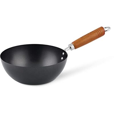 Ken Hom Carbon Steel Mini Wok, 20cm, Classic, Non-Induction/Wooden Handle/Flat Base Pan, Includes 1 x Chinese Wok Pan, KH320001 Ken Hom Carbon Steel Mini Wok, 20cm, Classic, Non-Induction/Wooden Handle/Flat Base Pan, Includes 1 x Chinese Wok Pan, KH320001