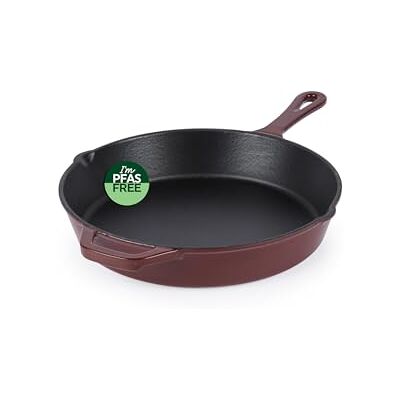 Salter Chester Cast Iron Frying Pan 26cm Universal Skillet, Oven Suitable to 240 °C, Grill, Fry & Sear, Hob to Oven to Table Cooking Pot, Induction Suitable, Enamel Coating, PFAS Free, Red Salter Chester Cast Iron Frying Pan 26cm Universal Skillet, Oven Suitable to 240 °C, Grill, Fry & Sear, Hob to Oven to Table Cooking Pot, Induction Suitable, Enamel Coating, PFAS Free, Red