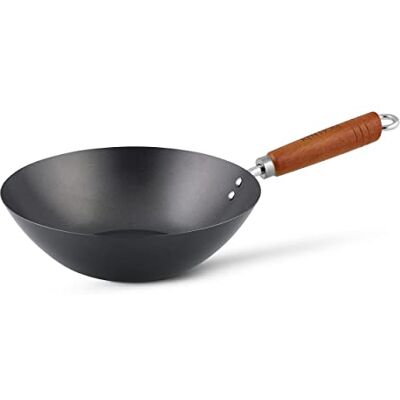 Ken Hom Carbon Steel Wok, Non-Stick 27cm, Classic, Non-Induction, Wooden Handle, Flat Base Pan, Includes 1 x Chinese Wok Pan, KH327001 Ken Hom Carbon Steel Wok, Non-Stick 27cm, Classic, Non-Induction, Wooden Handle, Flat Base Pan, Includes 1 x Chinese Wok Pan, KH327001
