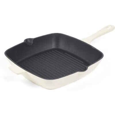 Salter Chester Cast Iron Griddle Pan 26 Cm, PFAS-Free, Cream Ridged griddle surface for grill lines, fat-draining channels, induction hob compatible, oven safe to 240°C, enamel coating Salter Chester Cast Iron Griddle Pan 26 Cm, PFAS-Free, Cream Ridged griddle surface for grill lines, fat-draining channels, induction hob compatible, oven safe to 240°C, enamel coating