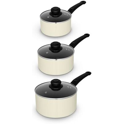Swan Townhouse 3 Piece Saucepan Set with 16/18/20cm Saucepans with Glass Lids, Bakelite Handles, Suitable for All Hob Types (excluding Induction), Oven Safe, Cream Swan Townhouse 3 Piece Saucepan Set with 16/18/20cm Saucepans with Glass Lids, Bakelite Handles, Suitable for All Hob Types (excluding Induction), Oven Safe, Cream