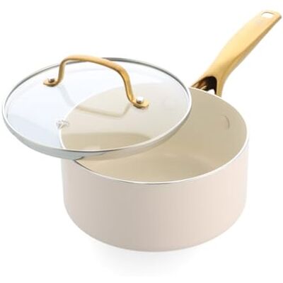 Blue Diamond Gold Ceramic Non-Stick Saucepan 18 cm / 2.13 L, Diamond Reinforced PFAS-Free, Induction, Glass Lid, Dishwasher & Oven Safe, Golden Stainless Steel Handle, Metal Cutlery Safe, White Blue Diamond Gold Ceramic Non-Stick Saucepan 18 cm / 2.13 L, Diamond Reinforced PFAS-Free, Induction, Glass Lid, Dishwasher & Oven Safe, Golden Stainless Steel Handle, Metal Cutlery Safe, White