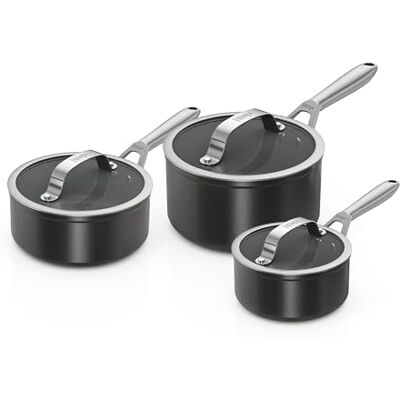Ninja Ceramic Pro 3-piece Saucepan Set with Lids, Oven Safe to 285°C, All Hob Compatible, Cooking Surface Made PTFE & PFAS-Free, Full Induction Base, Black CW33003EUIBK Ninja Ceramic Pro 3-piece Saucepan Set with Lids, Oven Safe to 285°C, All Hob Compatible, Cooking Surface Made PTFE & PFAS-Free, Full Induction Base, Black CW33003EUIBK