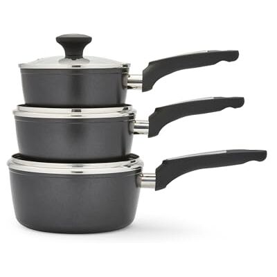 Morphy Richards 3-Piece Pan Set, Forged Aluminium, Durable, Premium, Non Stick, Soft Touch Handles, Tempered Glass Lid, Oven Safe, Suitable for All Hobs 16,18 & 20cm Pans 859004 Morphy Richards 3-Piece Pan Set, Forged Aluminium, Durable, Premium, Non Stick, Soft Touch Handles, Tempered Glass Lid, Oven Safe, Suitable for All Hobs 16,18 & 20cm Pans 859004