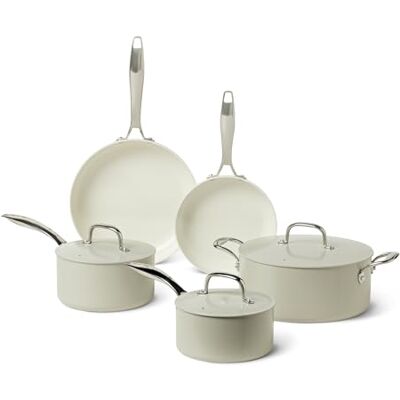 Amazon Basics Ceramic Nonstick Cookware, 8-Piece Set of Pots and Pans, Dishwasher and Oven-Safe, All Cooktop Friendly, Linen Gray Amazon Basics Ceramic Nonstick Cookware, 8-Piece Set of Pots and Pans, Dishwasher and Oven-Safe, All Cooktop Friendly, Linen Gray